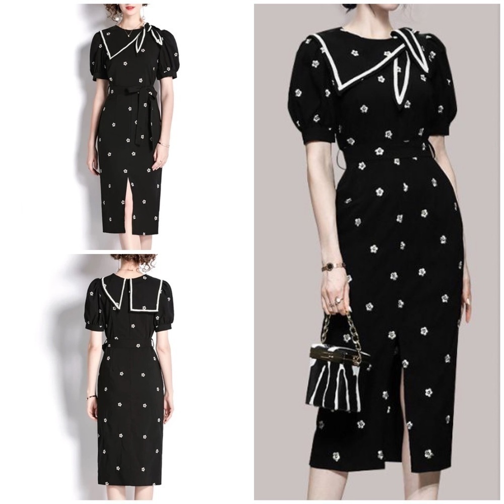 Boutique Floral Embroidery Cottagecore Bow Tied Wiggle Retro Black Midi Dress S 
